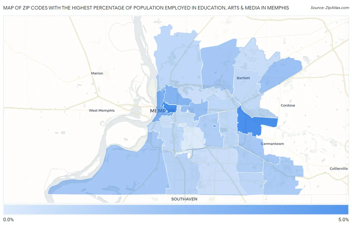 Zip Codes with the Highest Percentage of Population Employed in Education, Arts & Media in Memphis Map