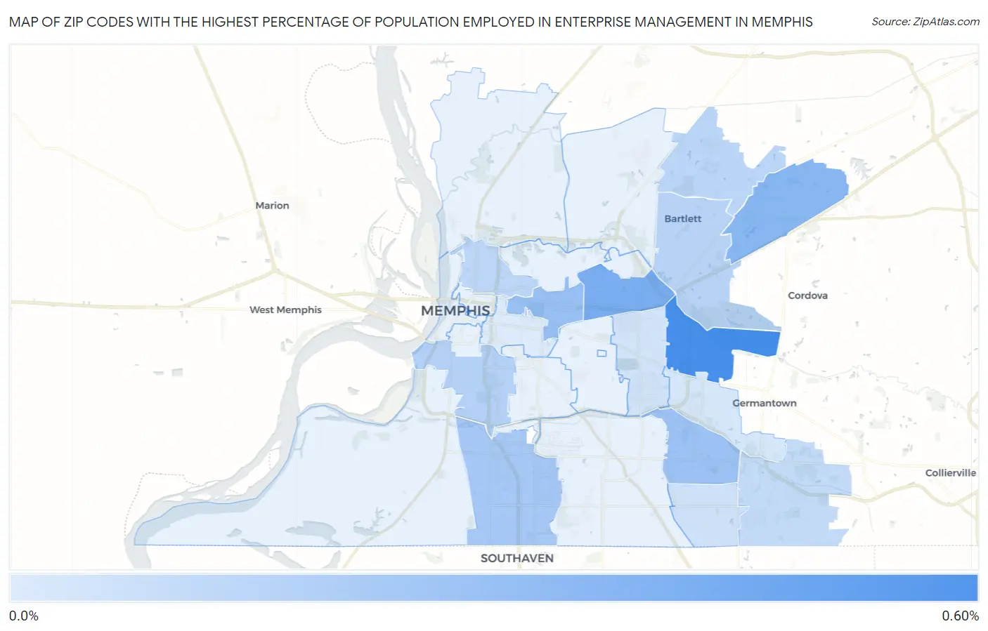 Zip Codes with the Highest Percentage of Population Employed in Enterprise Management in Memphis Map