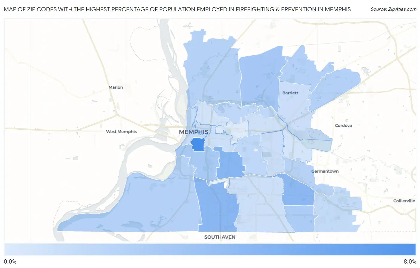 Zip Codes with the Highest Percentage of Population Employed in Firefighting & Prevention in Memphis Map