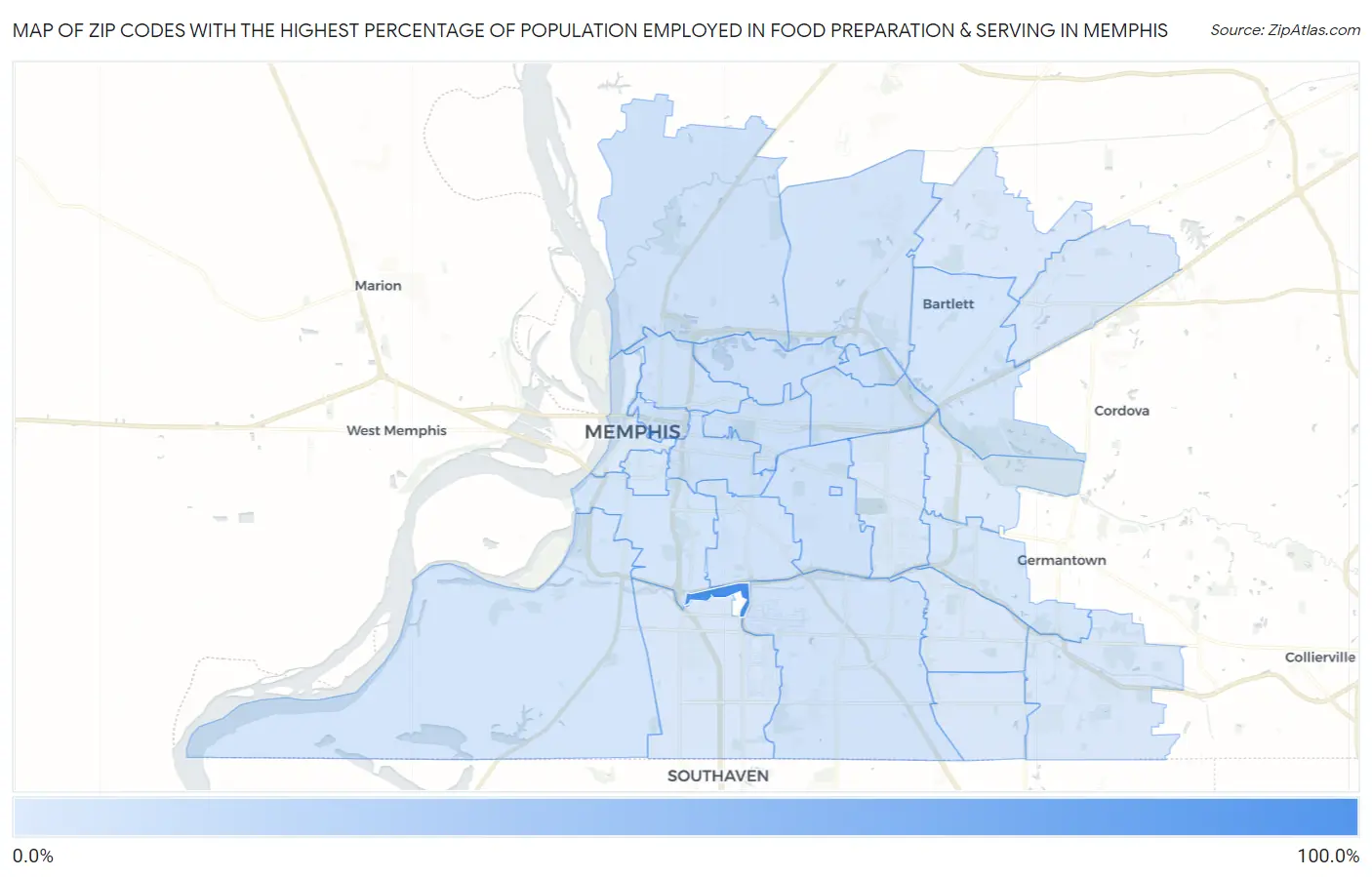 Zip Codes with the Highest Percentage of Population Employed in Food Preparation & Serving in Memphis Map