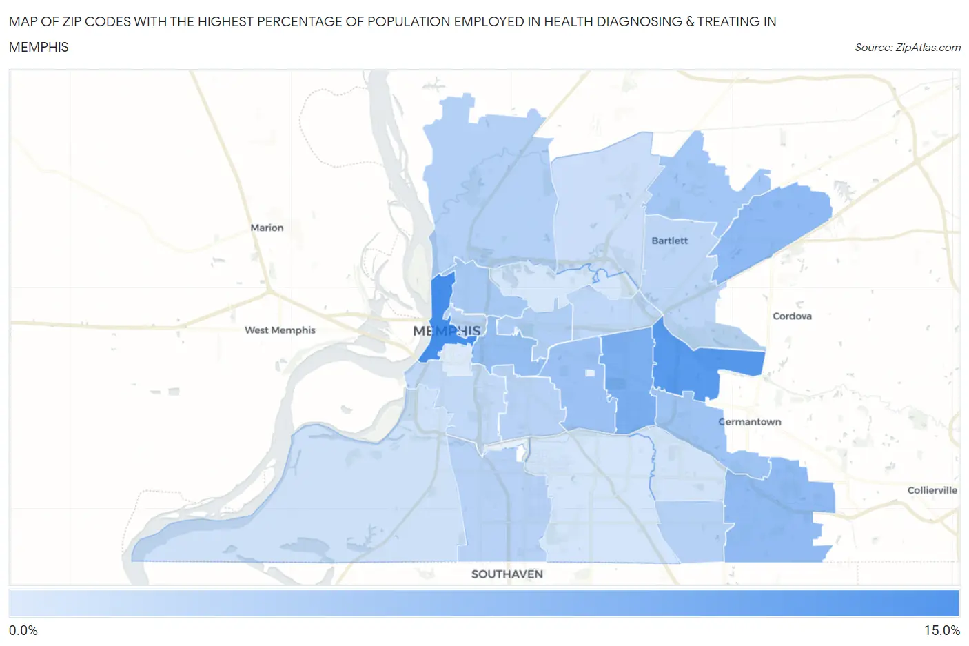 Zip Codes with the Highest Percentage of Population Employed in Health Diagnosing & Treating in Memphis Map