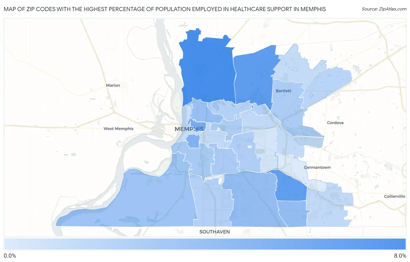 Zip Codes with the Highest Percentage of Population Employed in Healthcare Support in Memphis Map