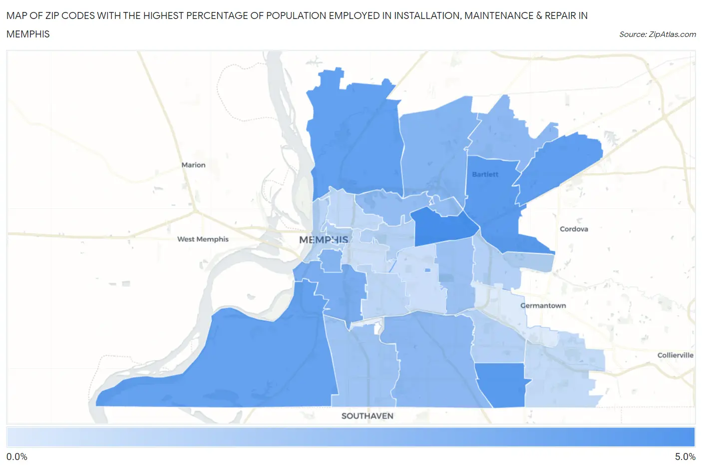 Zip Codes with the Highest Percentage of Population Employed in Installation, Maintenance & Repair in Memphis Map