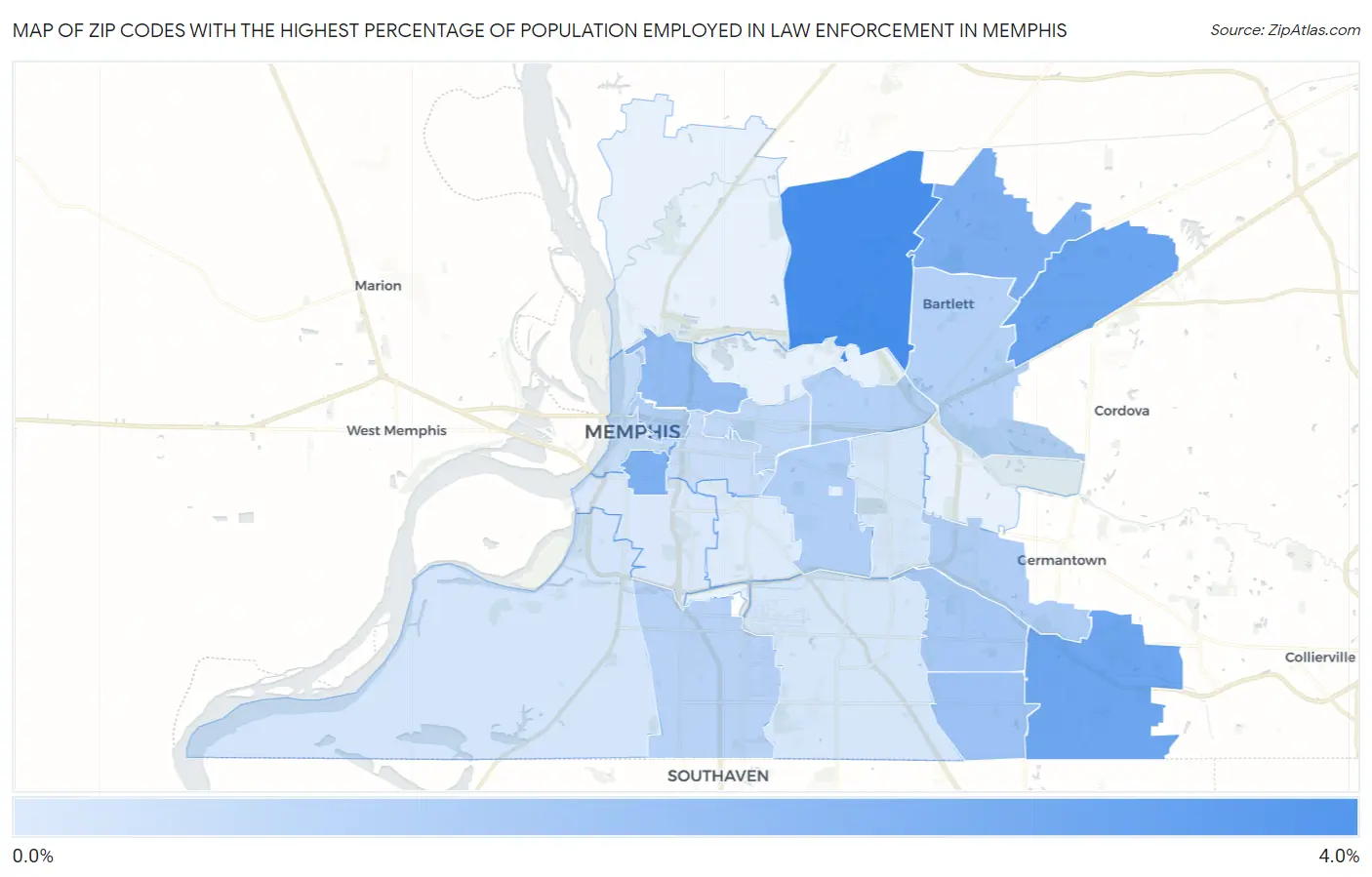 Zip Codes with the Highest Percentage of Population Employed in Law Enforcement in Memphis Map