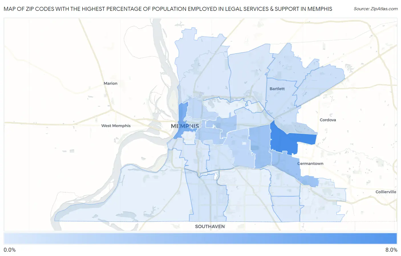 Zip Codes with the Highest Percentage of Population Employed in Legal Services & Support in Memphis Map