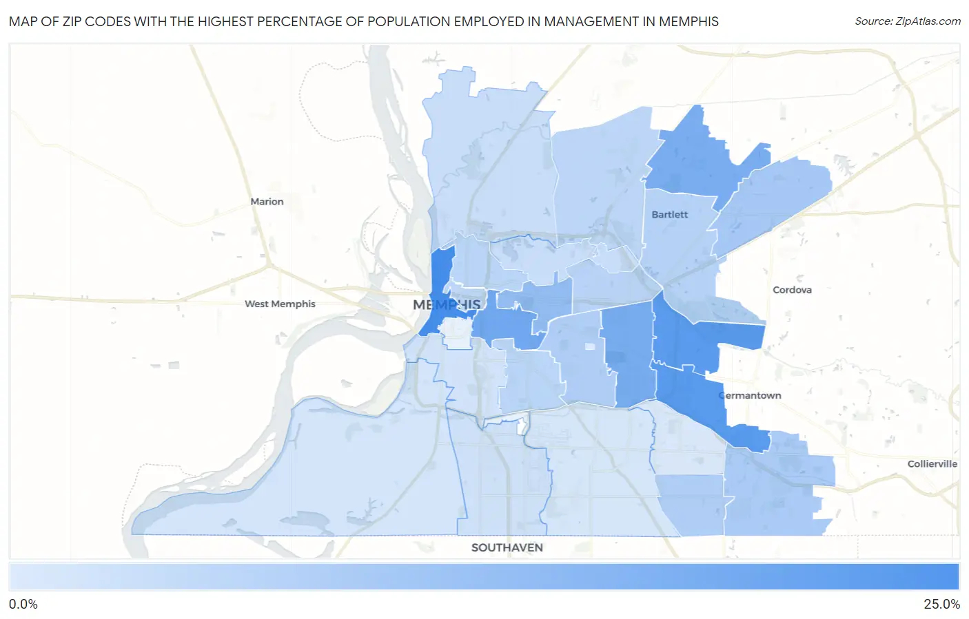 Zip Codes with the Highest Percentage of Population Employed in Management in Memphis Map