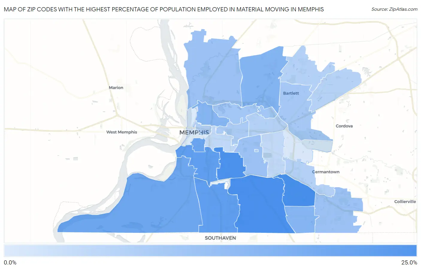 Zip Codes with the Highest Percentage of Population Employed in Material Moving in Memphis Map