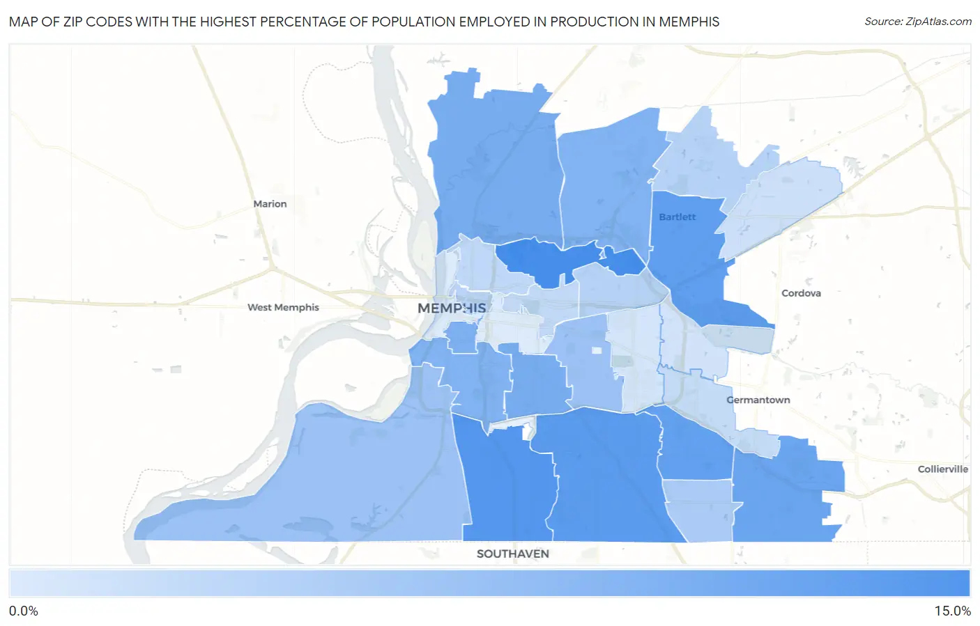 Zip Codes with the Highest Percentage of Population Employed in Production in Memphis Map