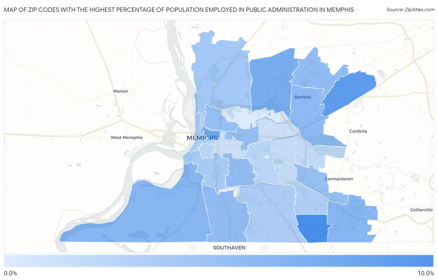 Zip Codes with the Highest Percentage of Population Employed in Public Administration in Memphis Map