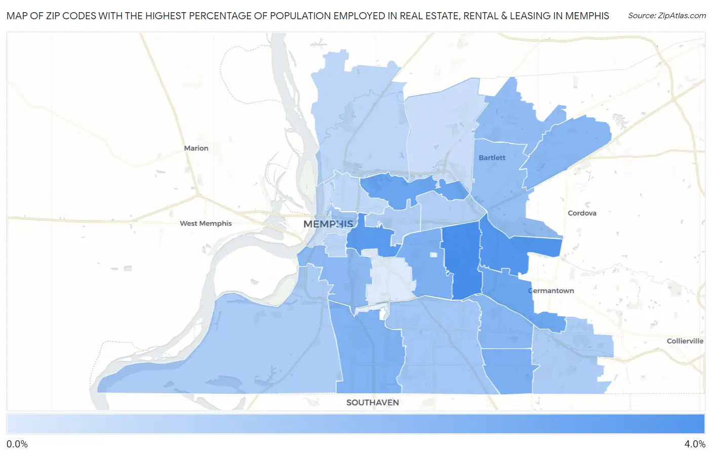 Zip Codes with the Highest Percentage of Population Employed in Real Estate, Rental & Leasing in Memphis Map