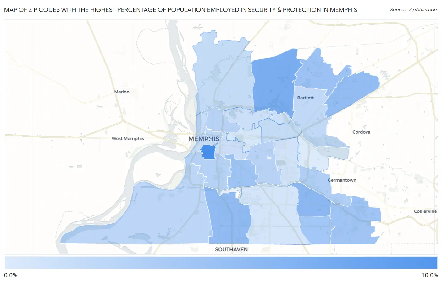 Zip Codes with the Highest Percentage of Population Employed in Security & Protection in Memphis Map