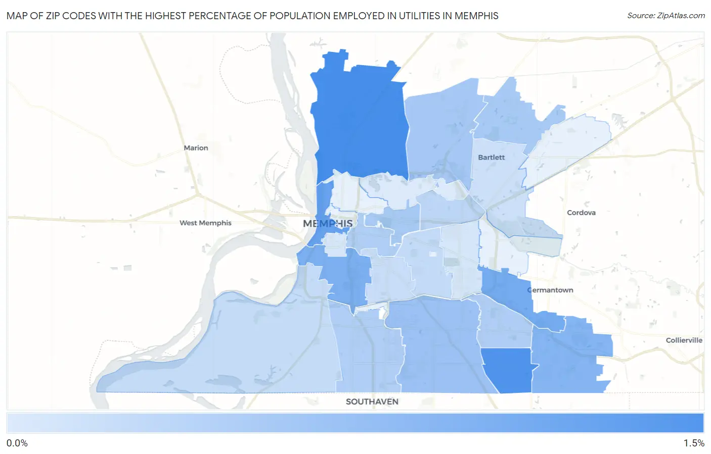 Zip Codes with the Highest Percentage of Population Employed in Utilities in Memphis Map