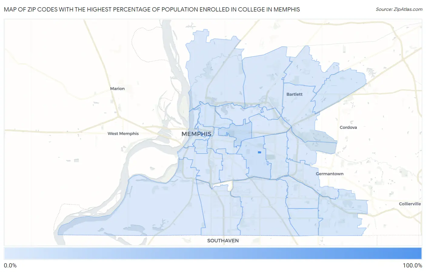 Zip Codes with the Highest Percentage of Population Enrolled in College in Memphis Map