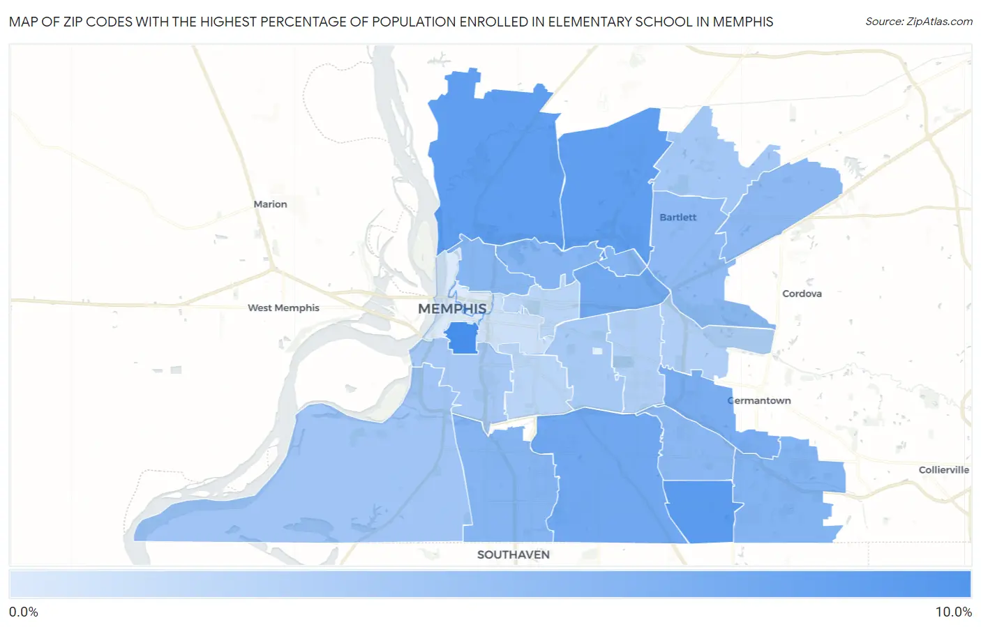 Zip Codes with the Highest Percentage of Population Enrolled in Elementary School in Memphis Map
