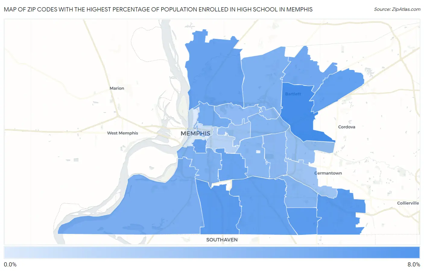 Zip Codes with the Highest Percentage of Population Enrolled in High School in Memphis Map