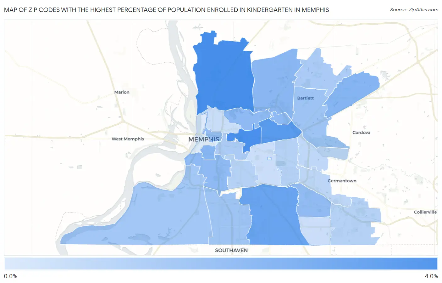 Zip Codes with the Highest Percentage of Population Enrolled in Kindergarten in Memphis Map