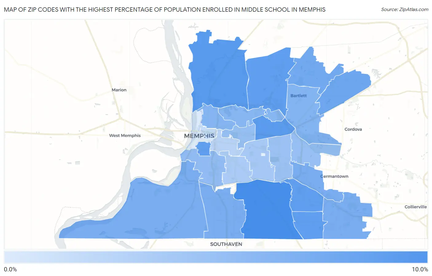 Zip Codes with the Highest Percentage of Population Enrolled in Middle School in Memphis Map
