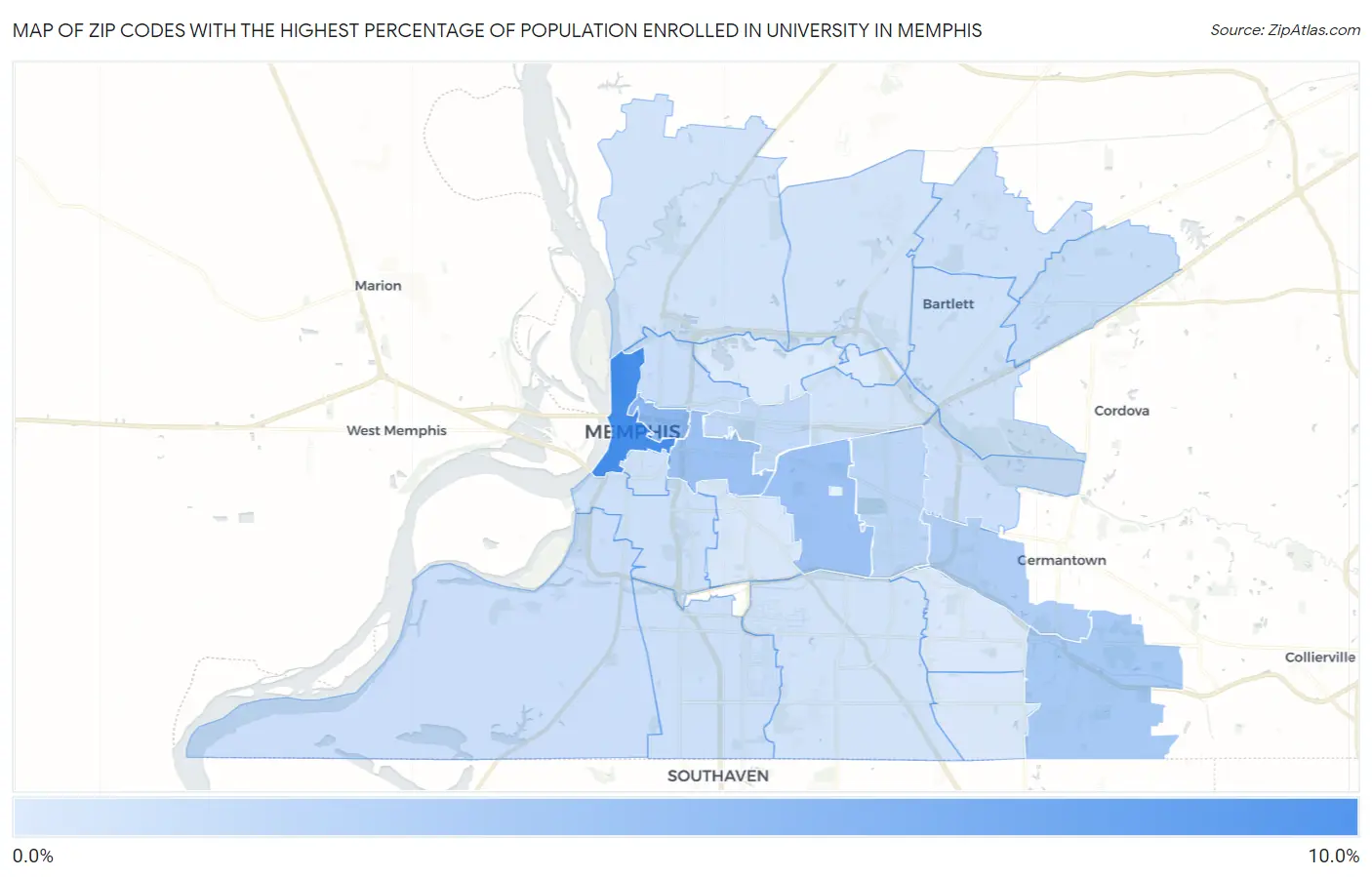Zip Codes with the Highest Percentage of Population Enrolled in University in Memphis Map