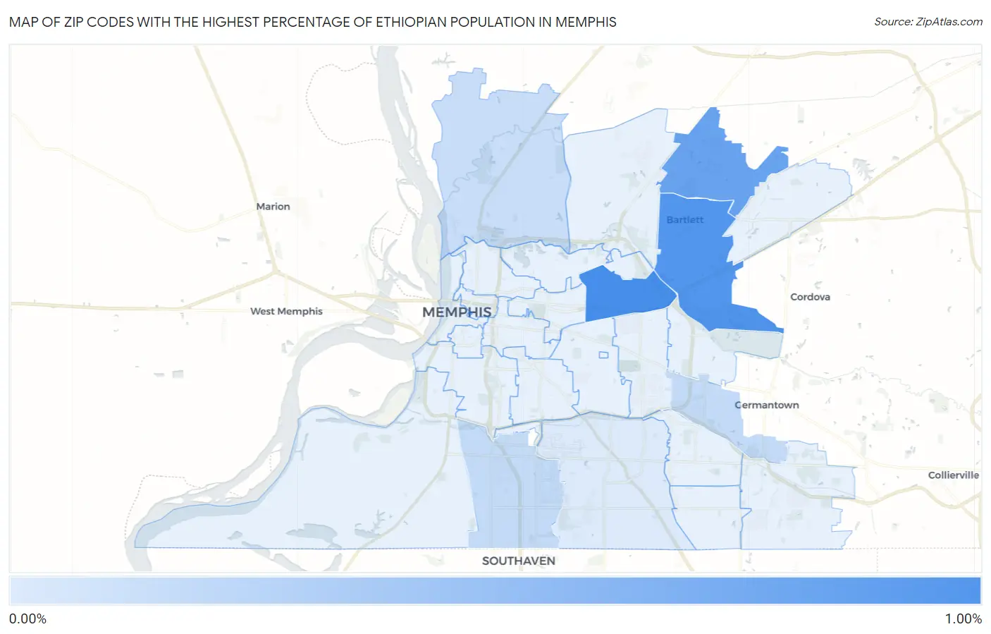 Zip Codes with the Highest Percentage of Ethiopian Population in Memphis Map
