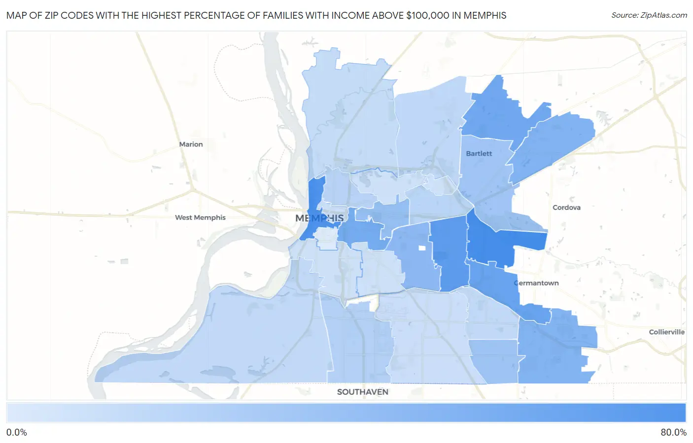 Zip Codes with the Highest Percentage of Families with Income Above $100,000 in Memphis Map