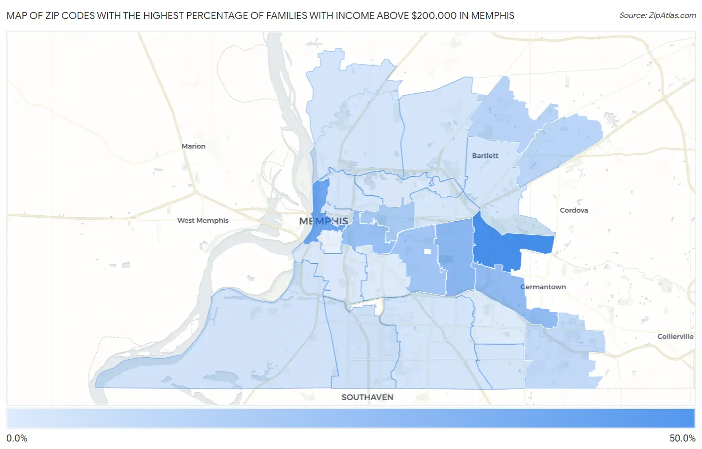 Zip Codes with the Highest Percentage of Families with Income Above $200,000 in Memphis Map