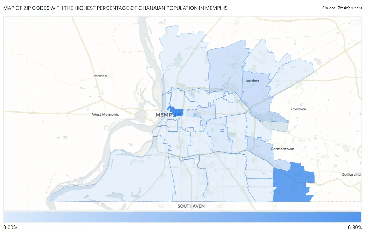 Zip Codes with the Highest Percentage of Ghanaian Population in Memphis Map