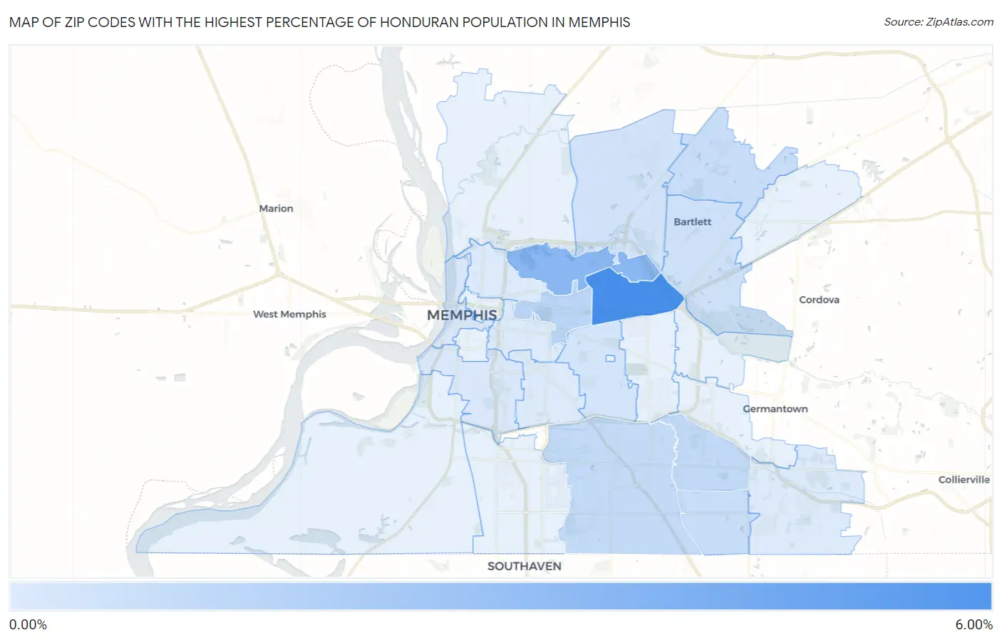 Zip Codes with the Highest Percentage of Honduran Population in Memphis Map