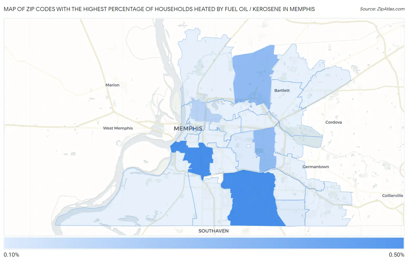 Zip Codes with the Highest Percentage of Households Heated by Fuel Oil / Kerosene in Memphis Map