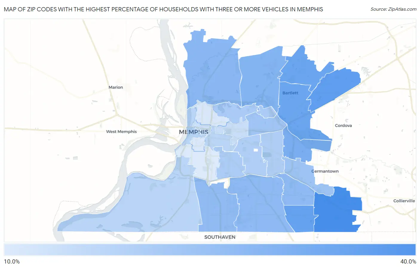Zip Codes with the Highest Percentage of Households With Three or more Vehicles in Memphis Map