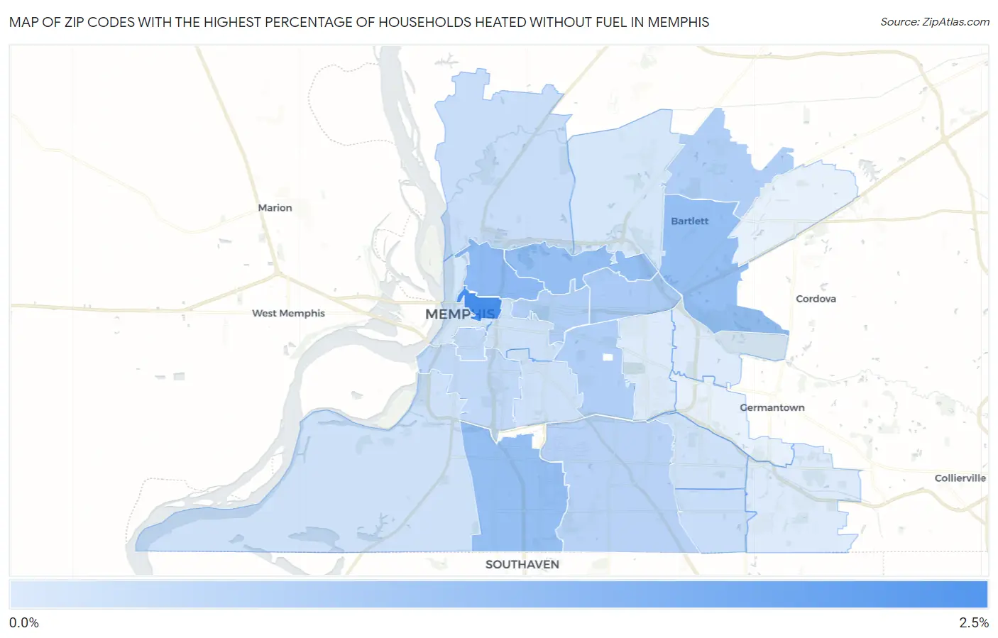 Zip Codes with the Highest Percentage of Households Heated without Fuel in Memphis Map