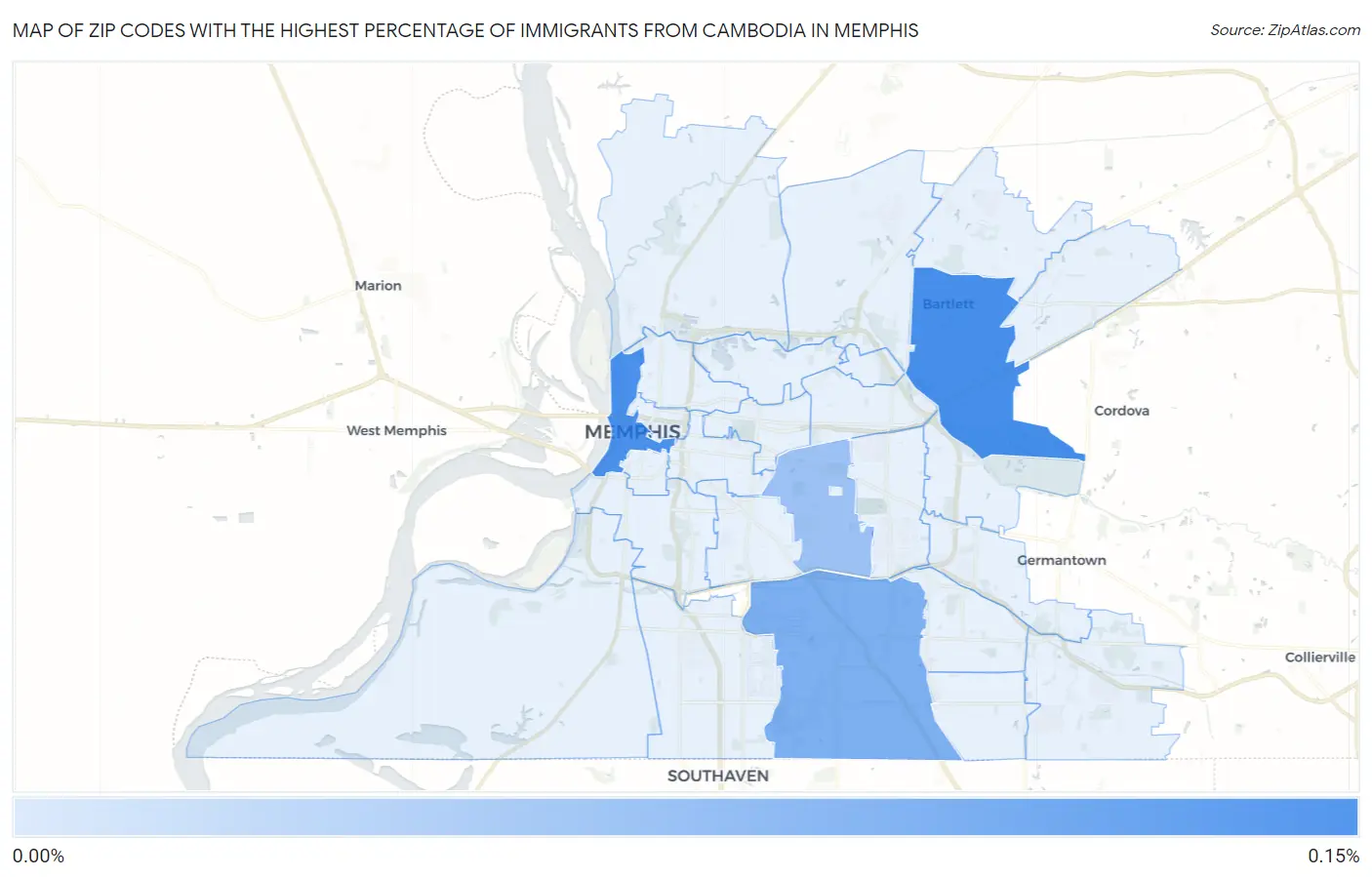 Zip Codes with the Highest Percentage of Immigrants from Cambodia in Memphis Map