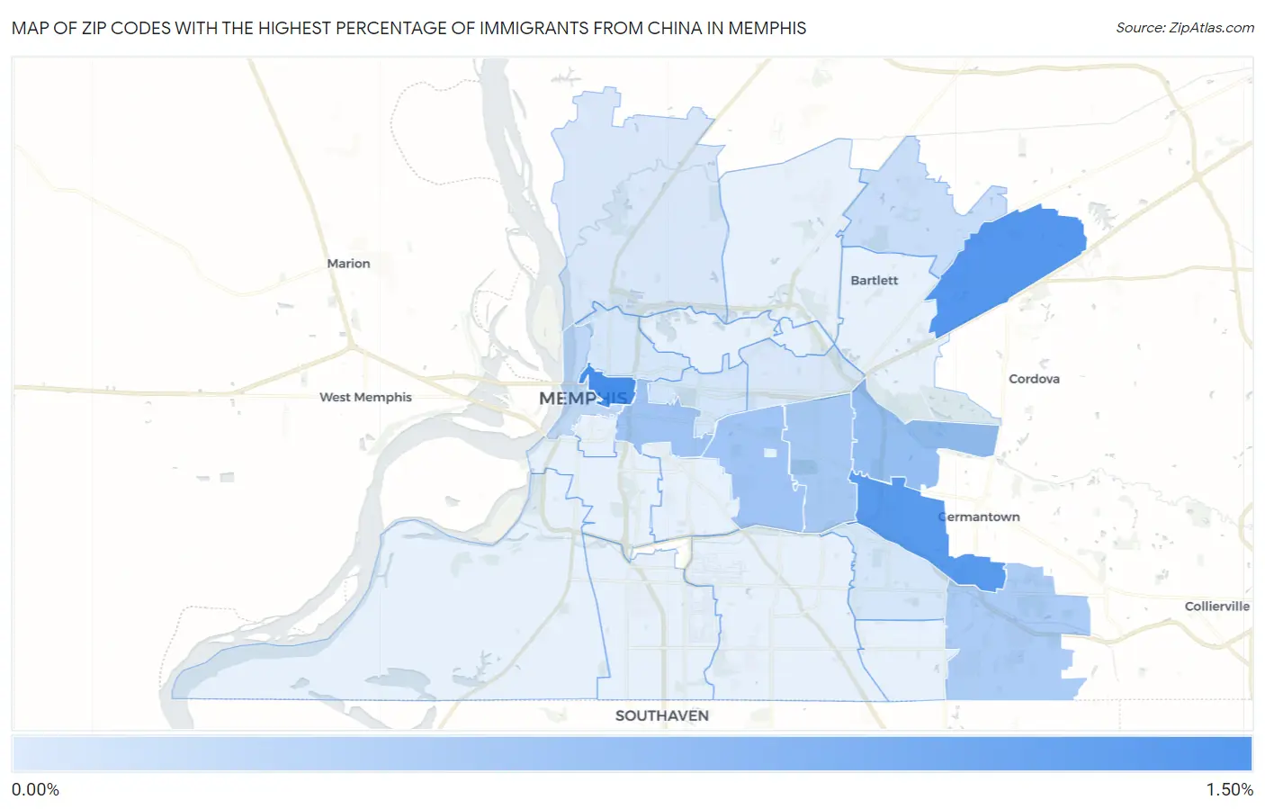 Zip Codes with the Highest Percentage of Immigrants from China in Memphis Map