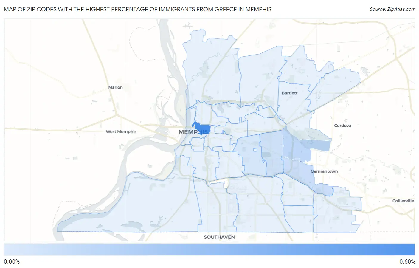 Zip Codes with the Highest Percentage of Immigrants from Greece in Memphis Map