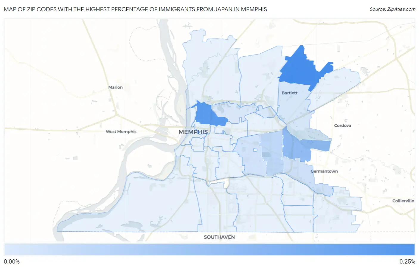 Zip Codes with the Highest Percentage of Immigrants from Japan in Memphis Map