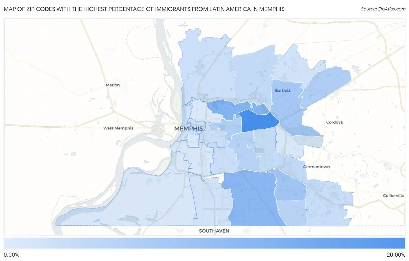 Zip Codes with the Highest Percentage of Immigrants from Latin America in Memphis Map