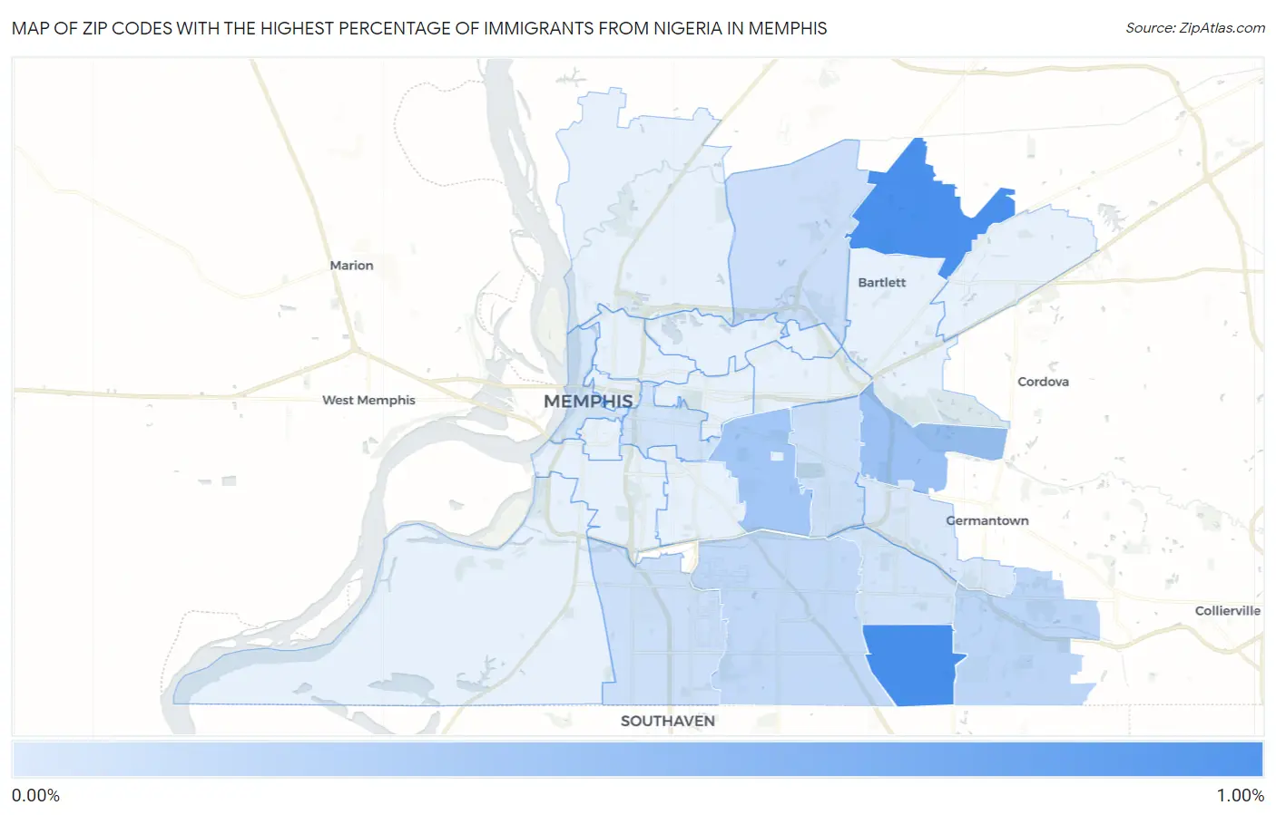 Zip Codes with the Highest Percentage of Immigrants from Nigeria in Memphis Map