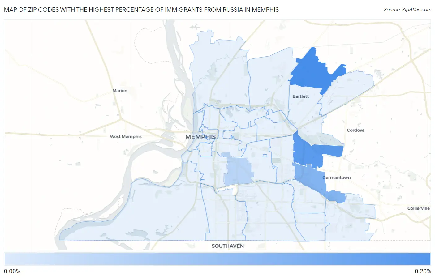 Zip Codes with the Highest Percentage of Immigrants from Russia in Memphis Map