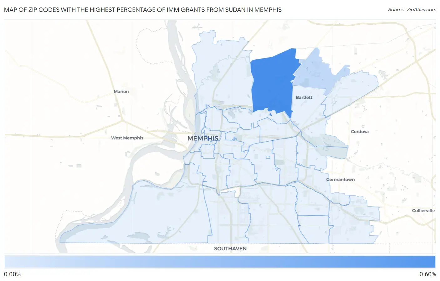 Zip Codes with the Highest Percentage of Immigrants from Sudan in Memphis Map