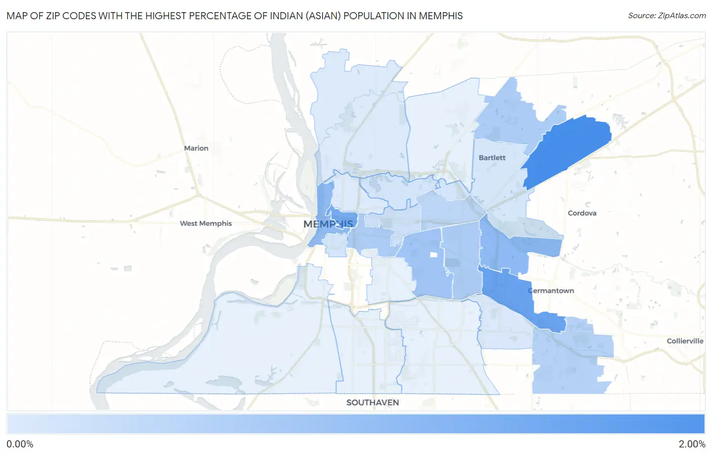 Zip Codes with the Highest Percentage of Indian (Asian) Population in Memphis Map