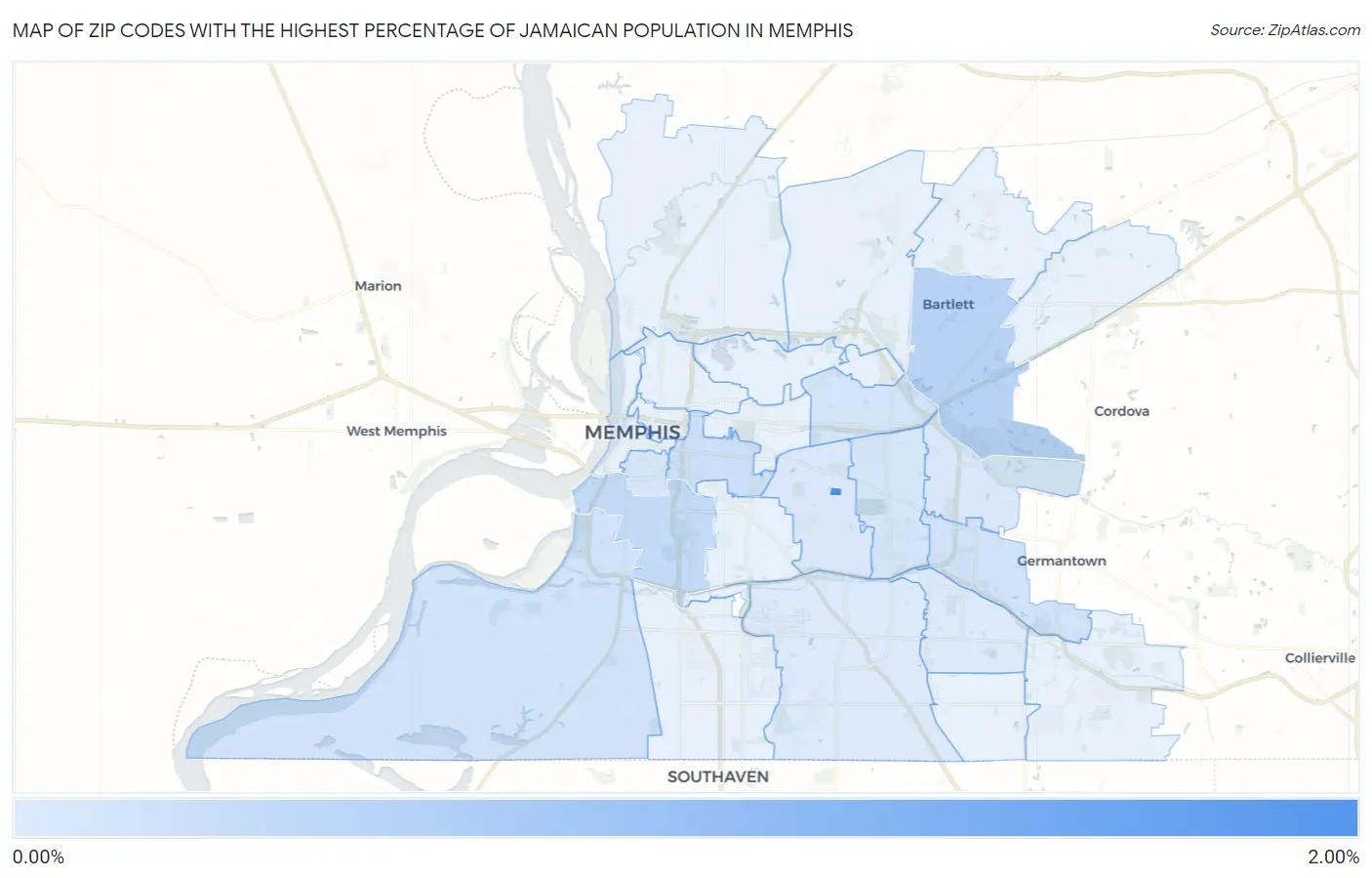 Zip Codes with the Highest Percentage of Jamaican Population in Memphis Map