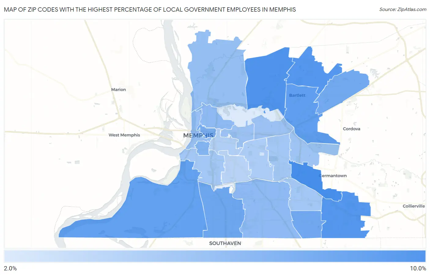 Zip Codes with the Highest Percentage of Local Government Employees in Memphis Map