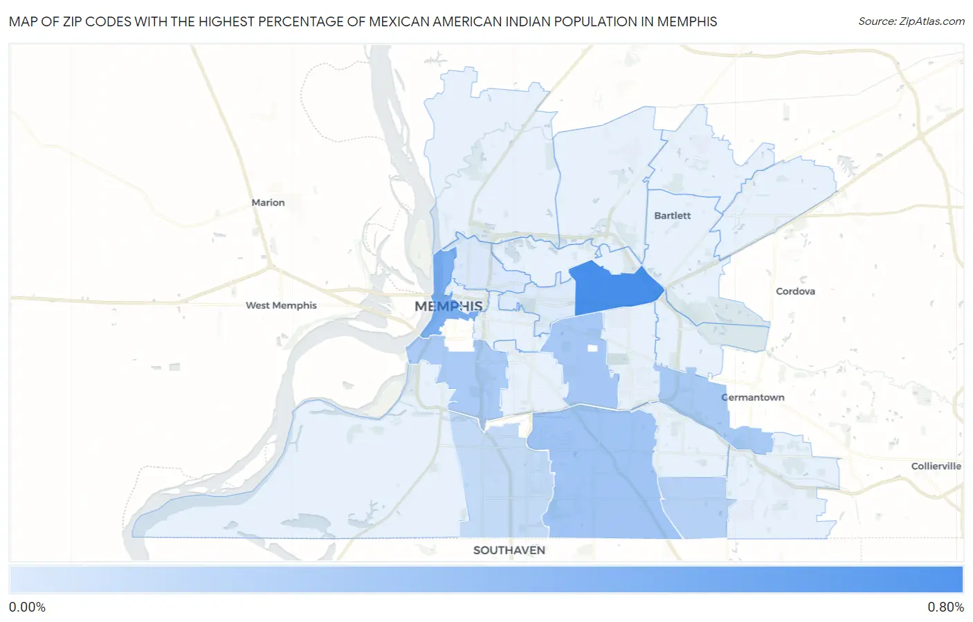 Zip Codes with the Highest Percentage of Mexican American Indian Population in Memphis Map