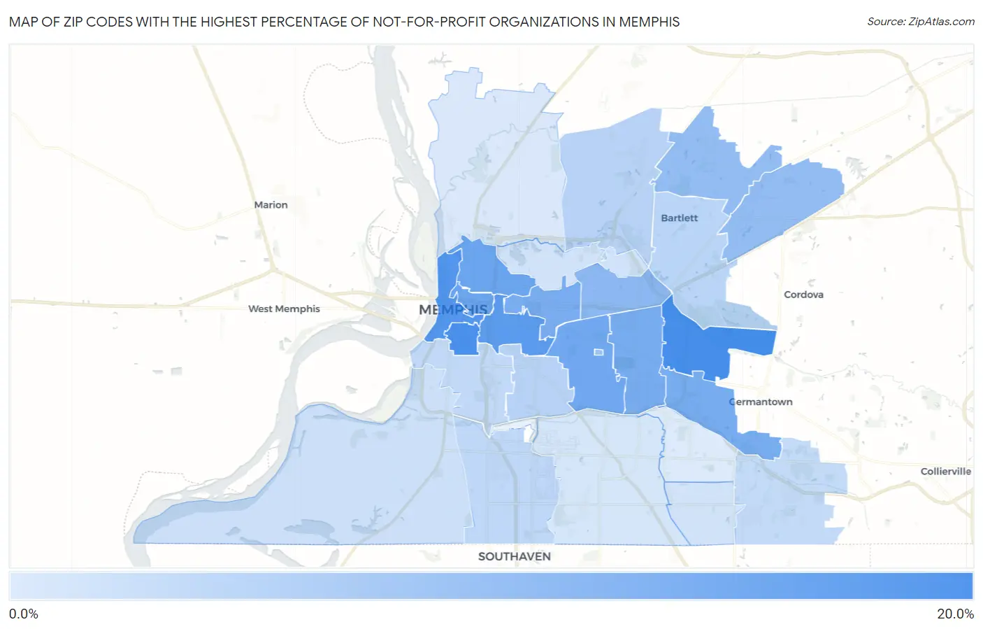 Zip Codes with the Highest Percentage of Not-for-profit Organizations in Memphis Map