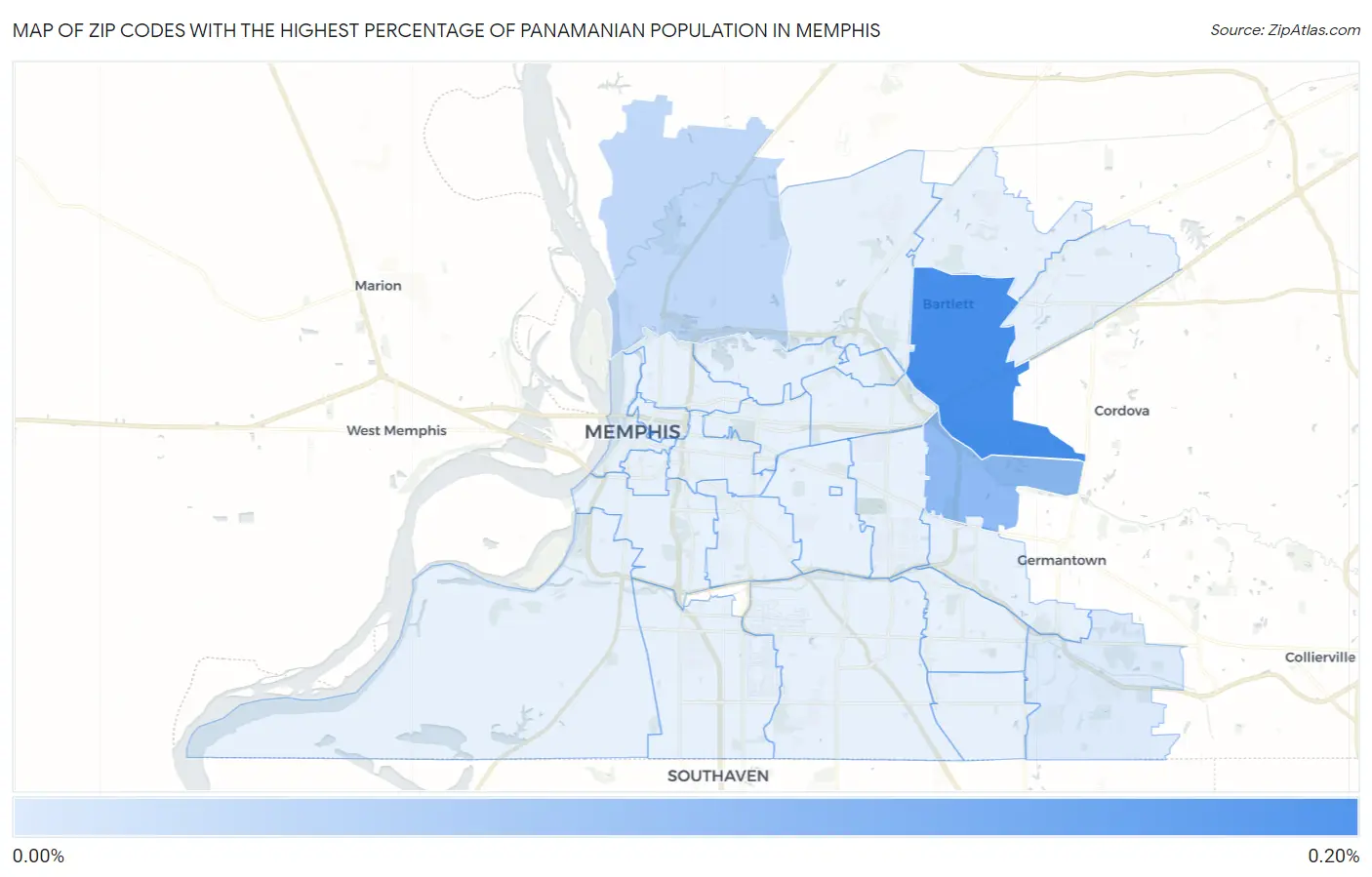 Zip Codes with the Highest Percentage of Panamanian Population in Memphis Map