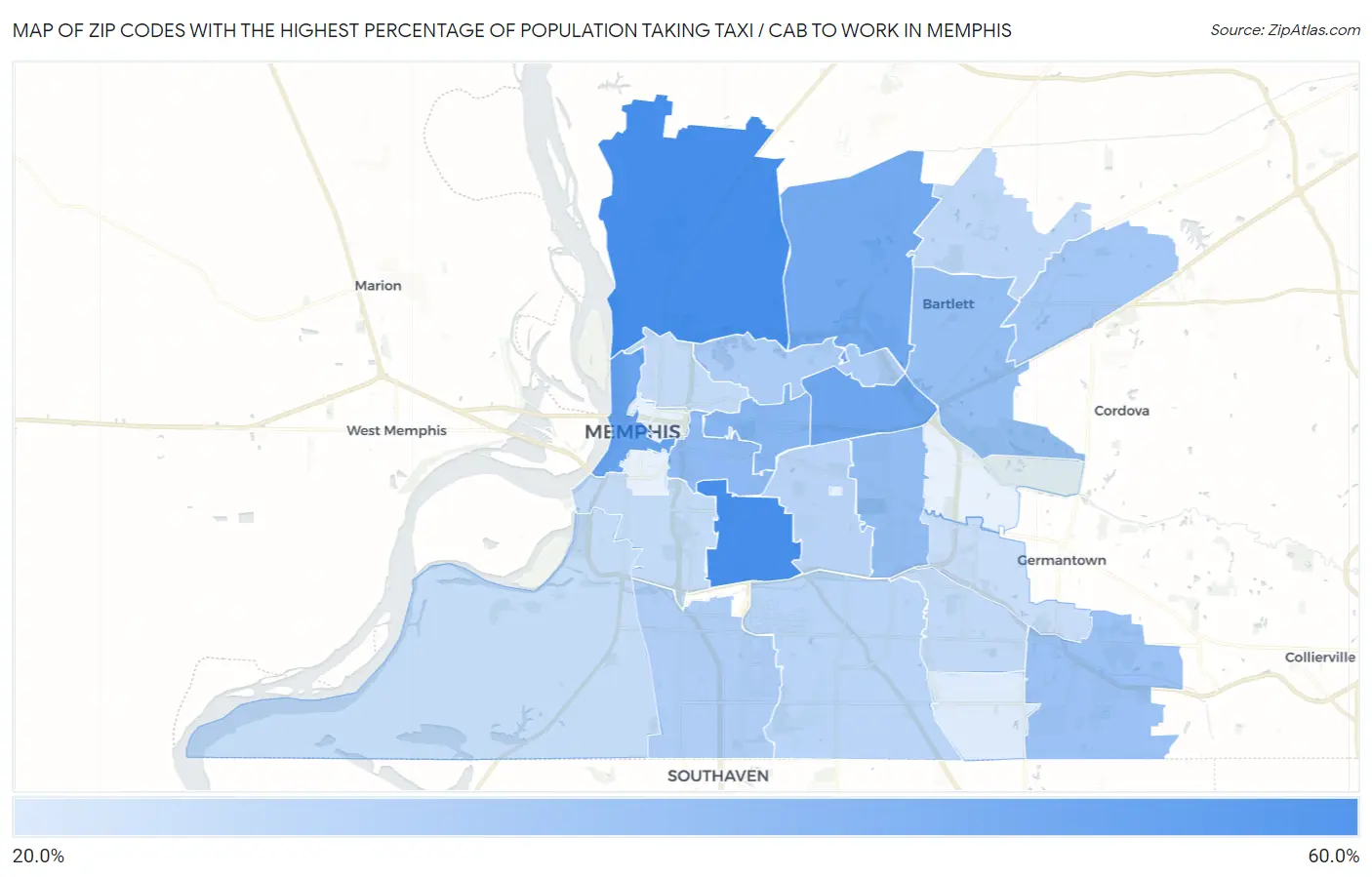 Zip Codes with the Highest Percentage of Population Taking Taxi / Cab to Work in Memphis Map