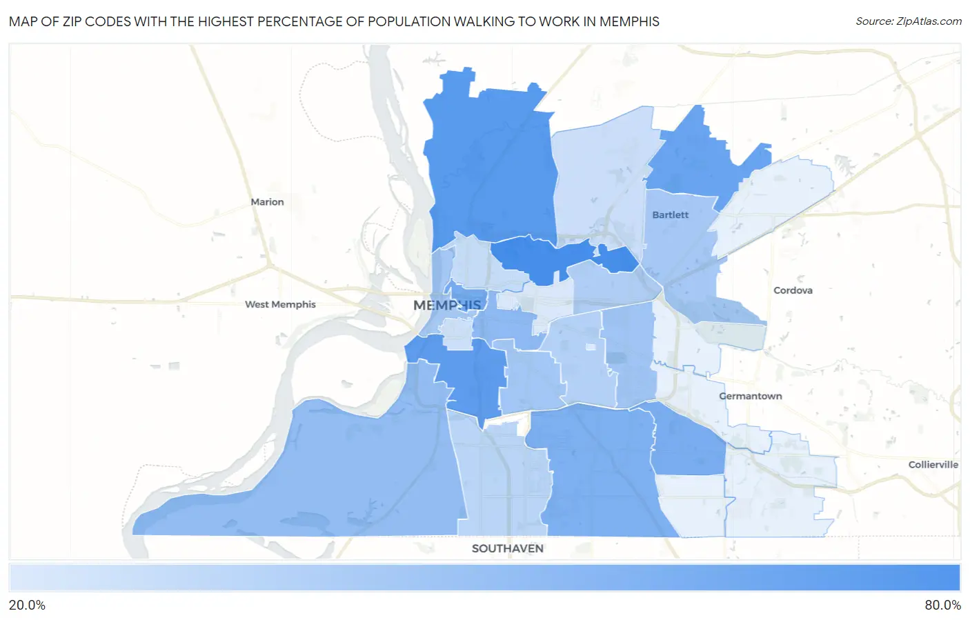 Zip Codes with the Highest Percentage of Population Walking to Work in Memphis Map
