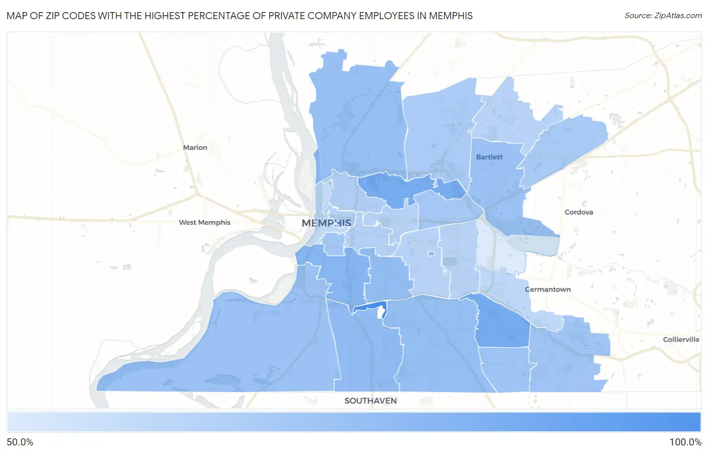 Zip Codes with the Highest Percentage of Private Company Employees in Memphis Map