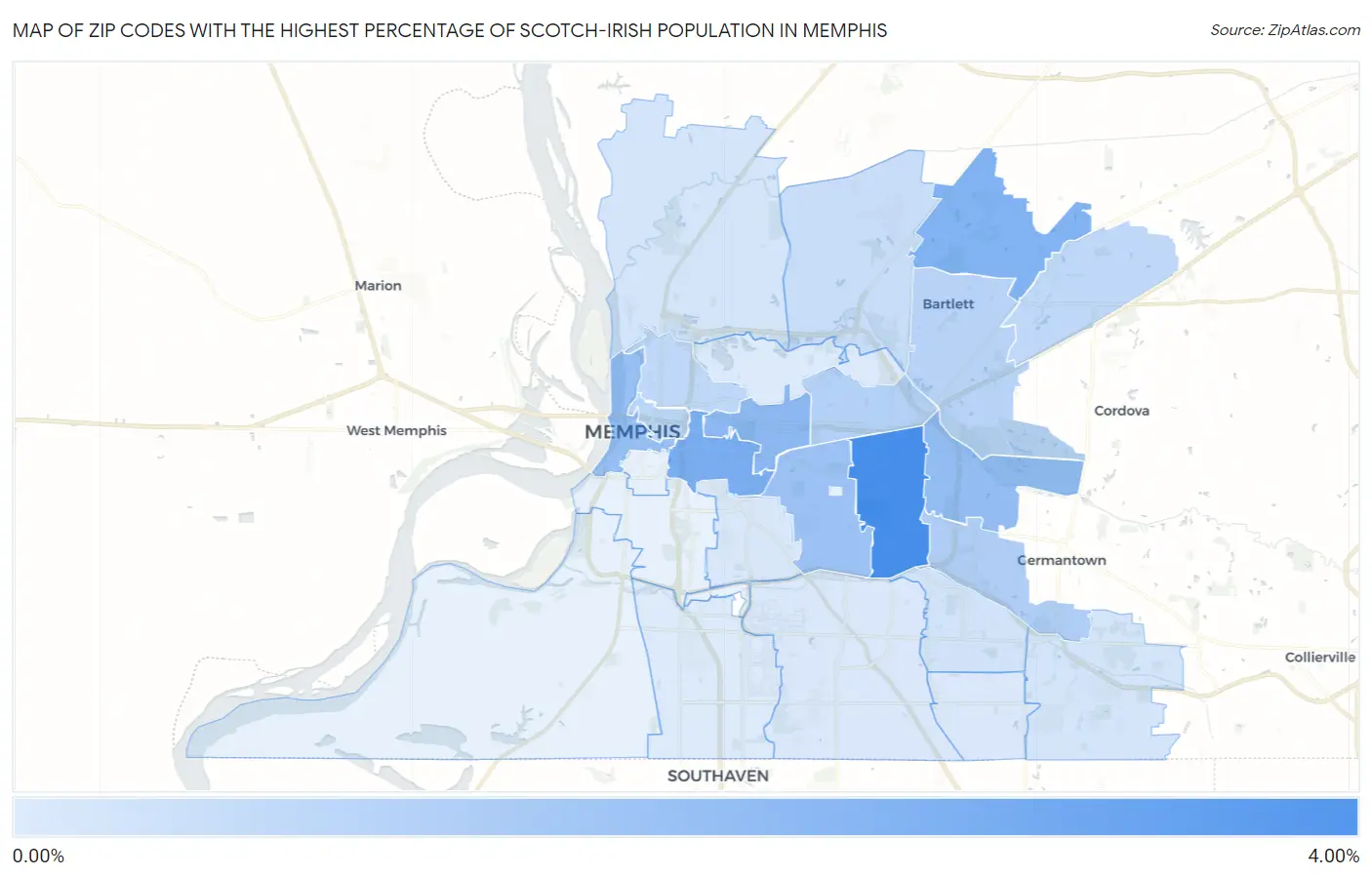 Zip Codes with the Highest Percentage of Scotch-Irish Population in Memphis Map