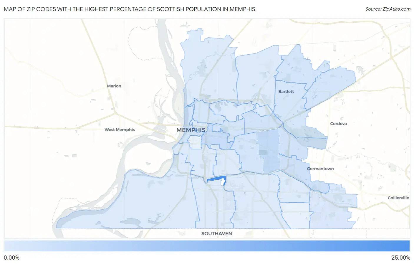 Zip Codes with the Highest Percentage of Scottish Population in Memphis Map