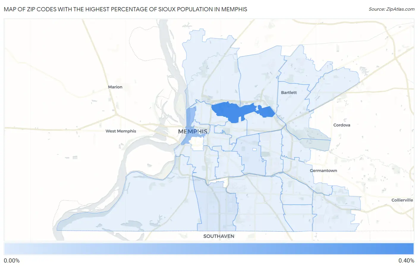 Zip Codes with the Highest Percentage of Sioux Population in Memphis Map